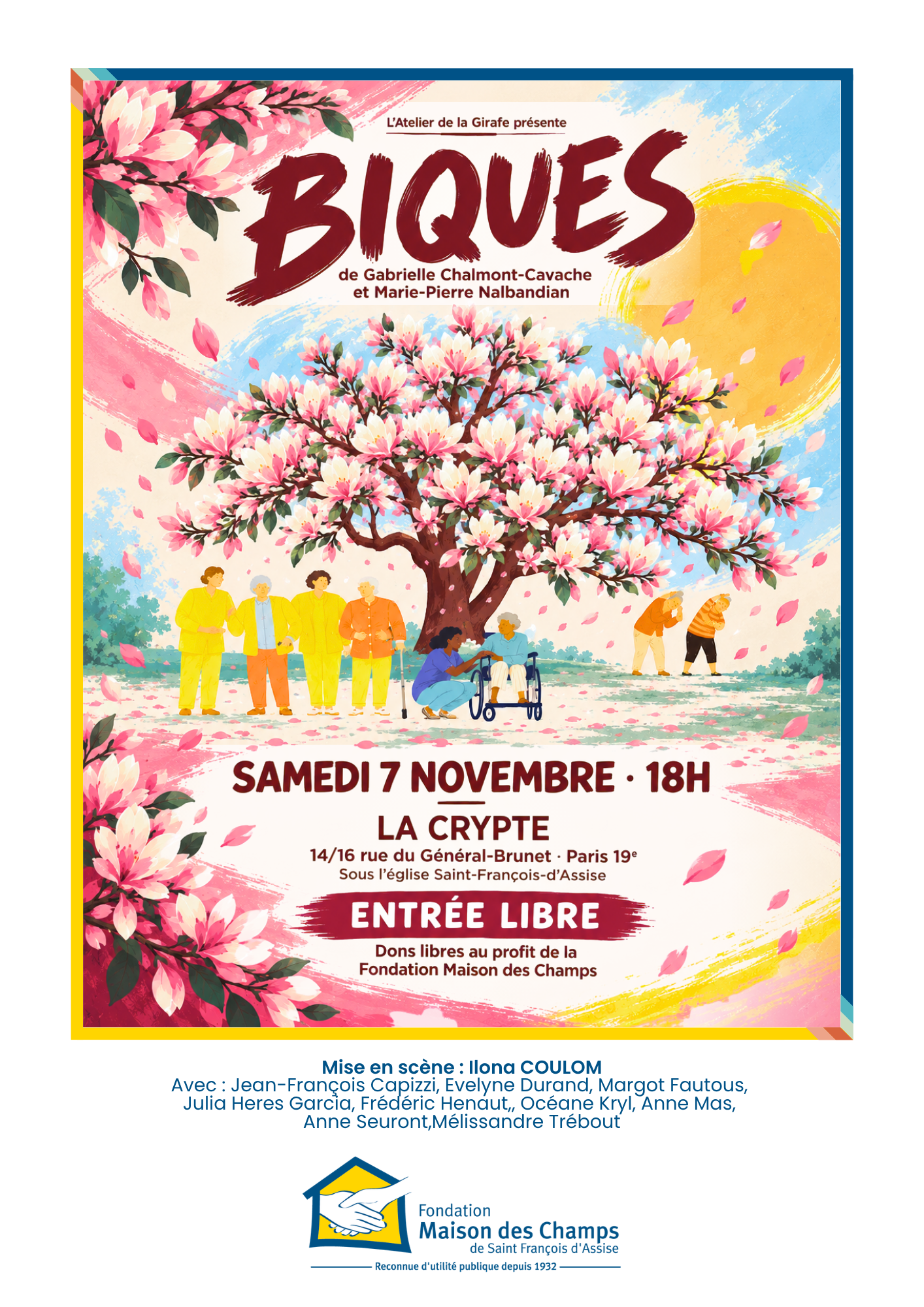 Biques – affiche de la représentation du 7 novembre 2026 - Fondation Maison Des Champs Affiche de Biques : samedi 7 novembre 2026 à 18 h à La Crypte, entrée libre, au profit de la Fondation Maison des Champs